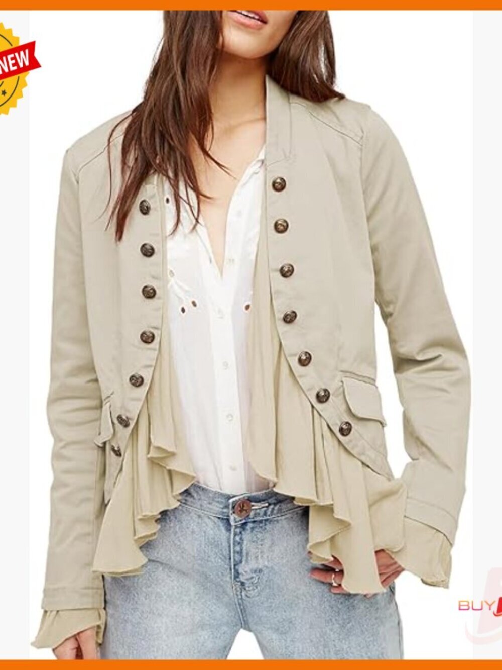 Women's Cotton Blazer with Ruffles, Button Front, Long Sleeve, Medium